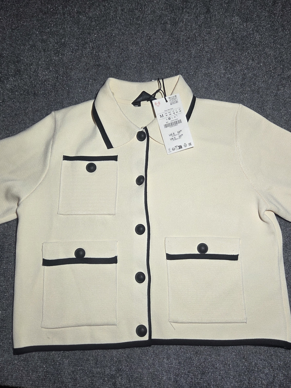 ZARA Women's Cream Short Sleeve Knit Cardigan Top with Contrast Trim Size M NWT